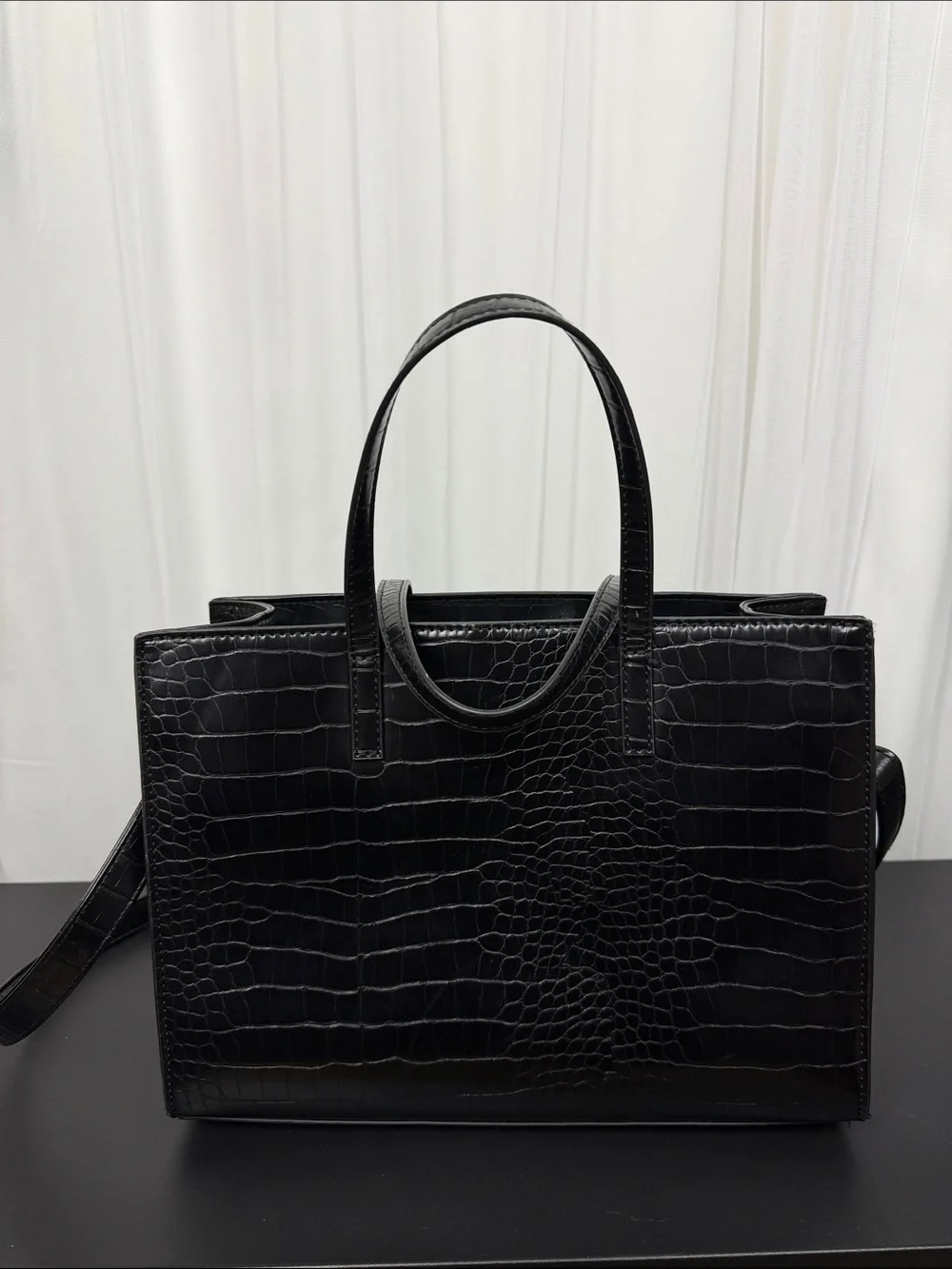 Classic Black  Faux Croc-Embossed Tote Bag - Women